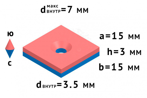 Неодимовый магнит призма 15х15х3мм с зенковкой в наличии фото 5