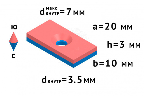 Неодимовый магнит призма 20х10х3мм с зенковкой в наличии фото 5